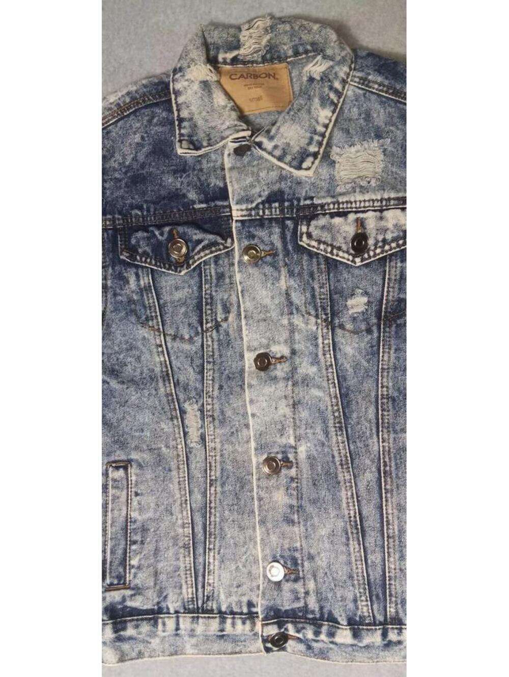 Carbon Denim Jean Jacket Mens Size Small Blue Jean Distressed Partial Acid Wash - Picture 10 of 13